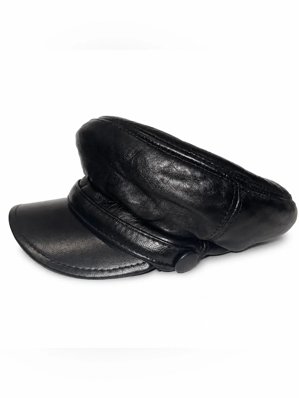 Black Leather Cap with Structured Visor